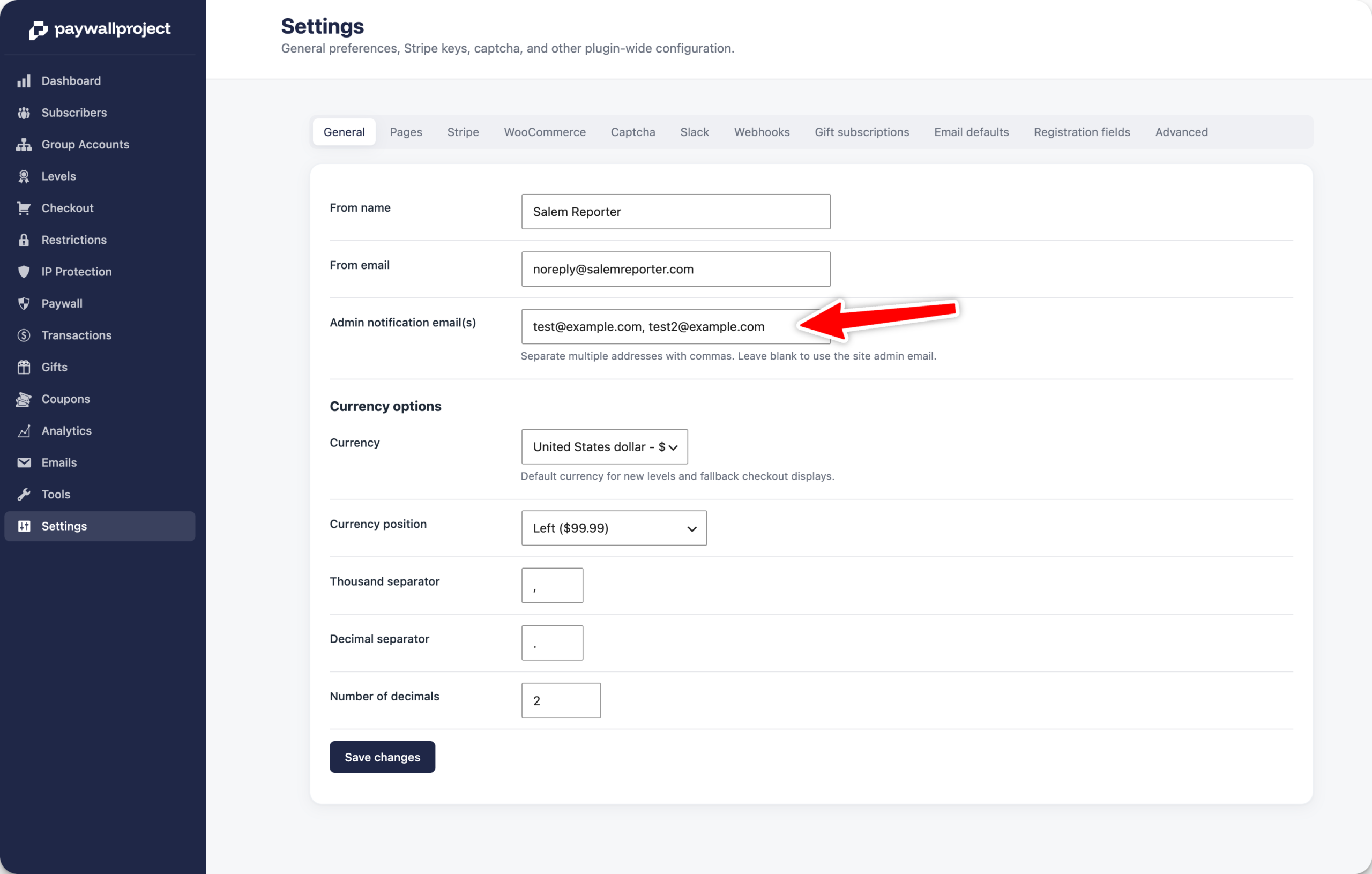 The General settings tab with the Admin notification email(s) field holding two comma-separated addresses