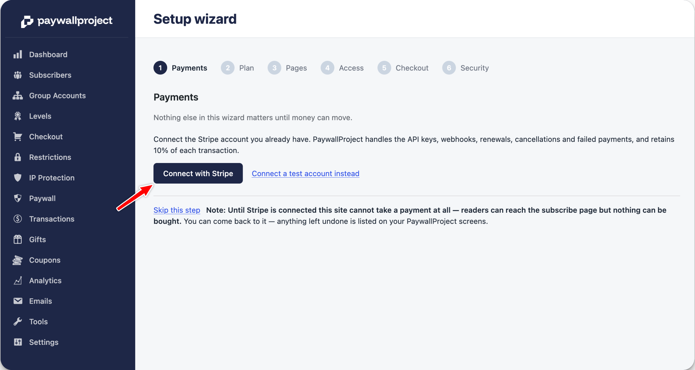 Payments step with the Connect with Stripe button