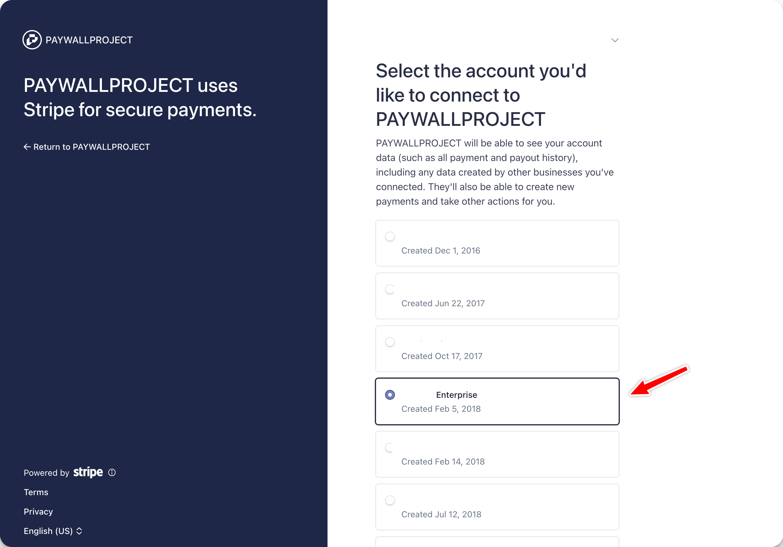 Stripe account picker