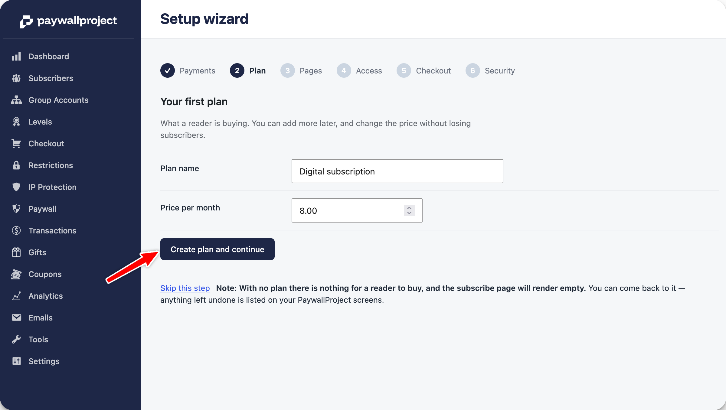 Plan step with name and monthly price