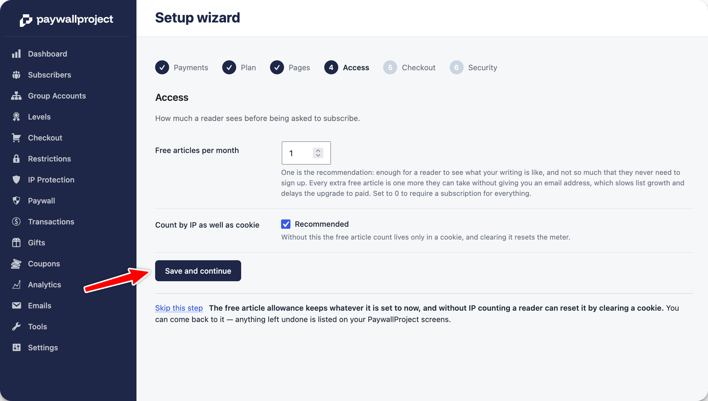 Access step with free articles set to 1