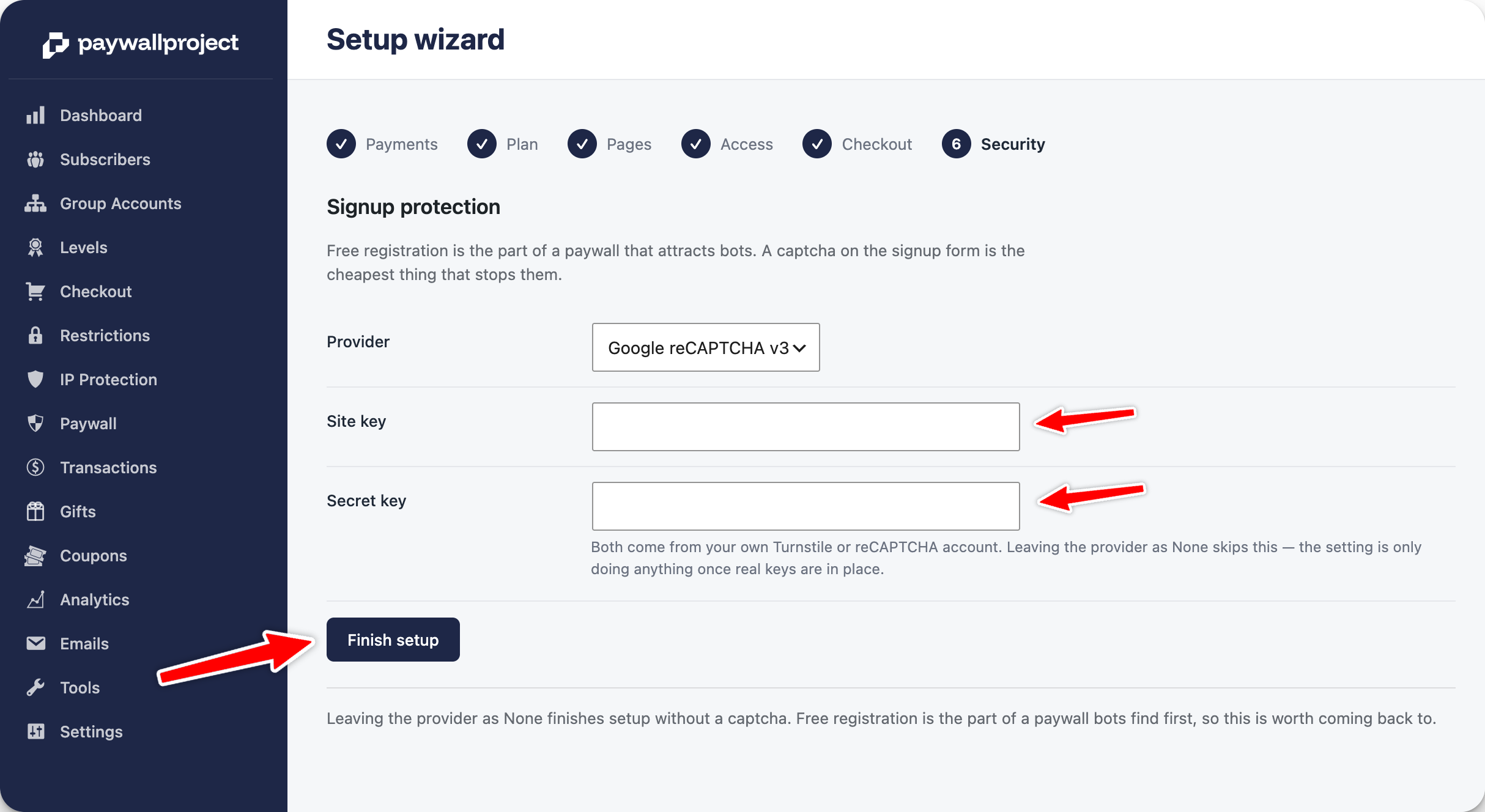 Security step with site key and secret key fields