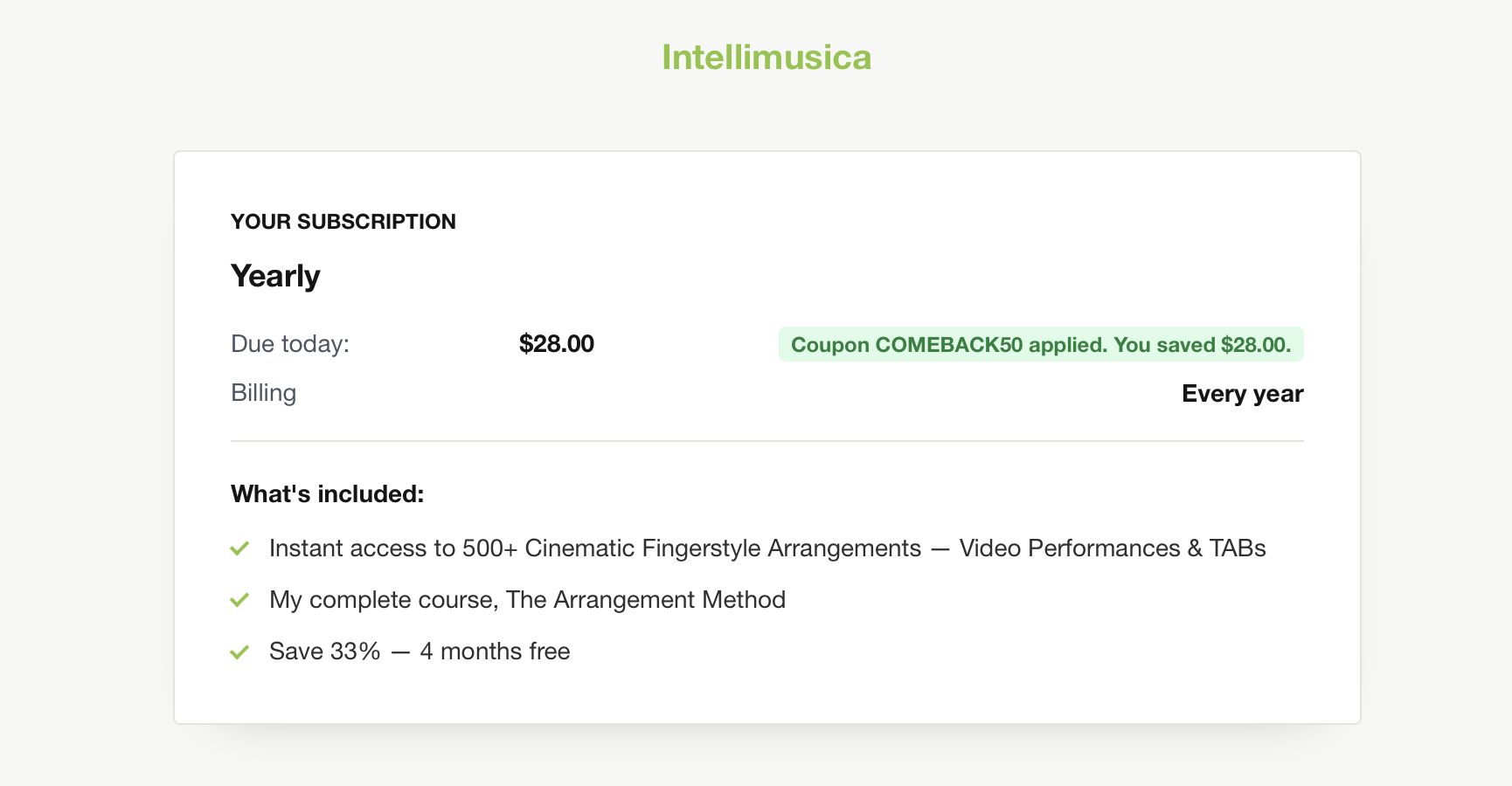The subscription summary showing $28.00 due today with the coupon COMEBACK50 applied