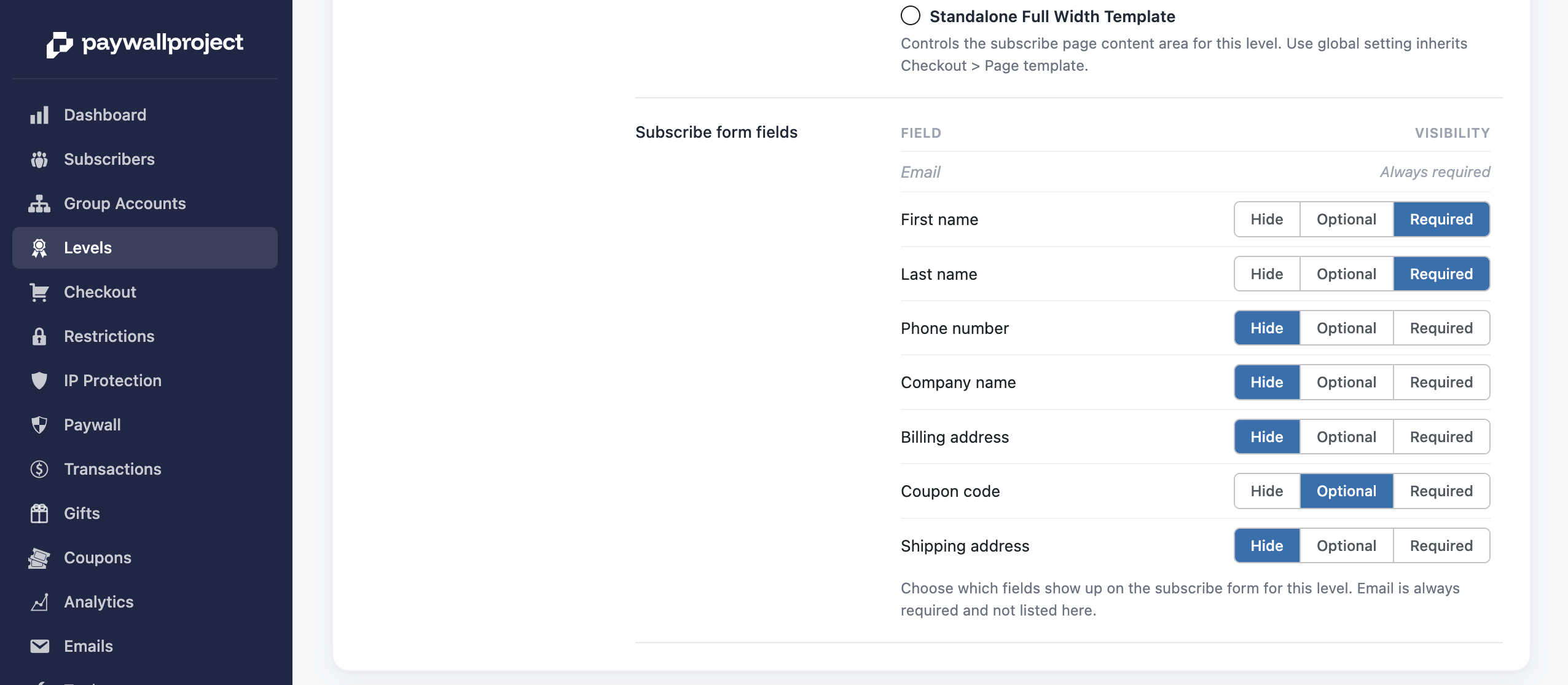 The Subscribe form fields section of a level, with Coupon code set to Optional