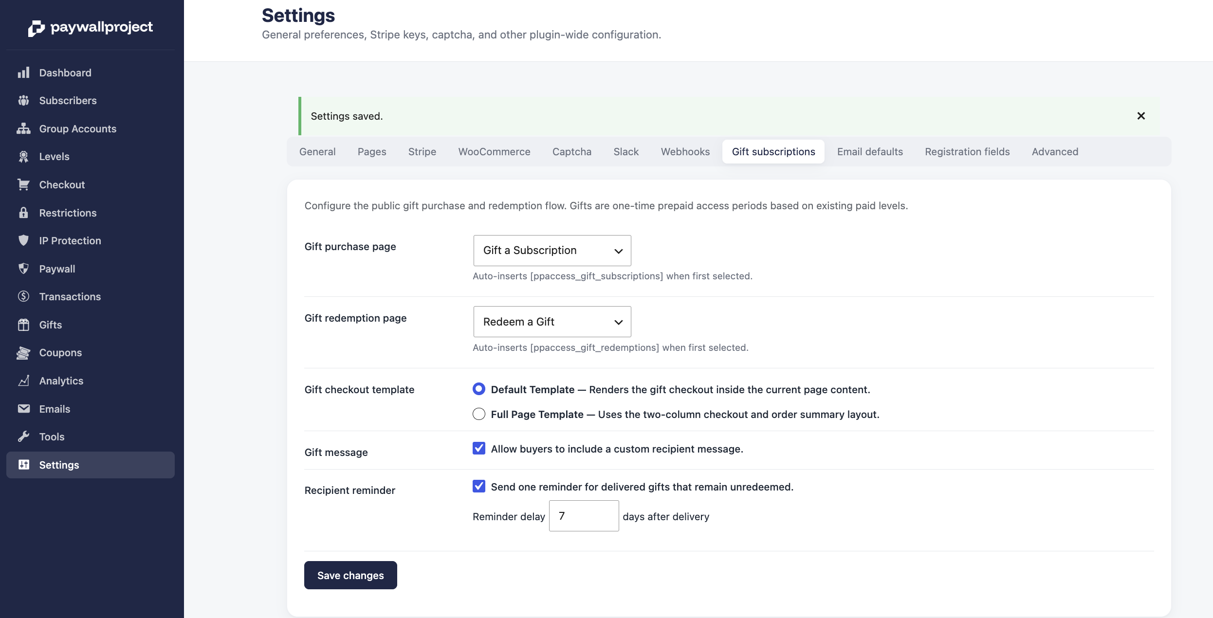 PaywallProject gift settings screen